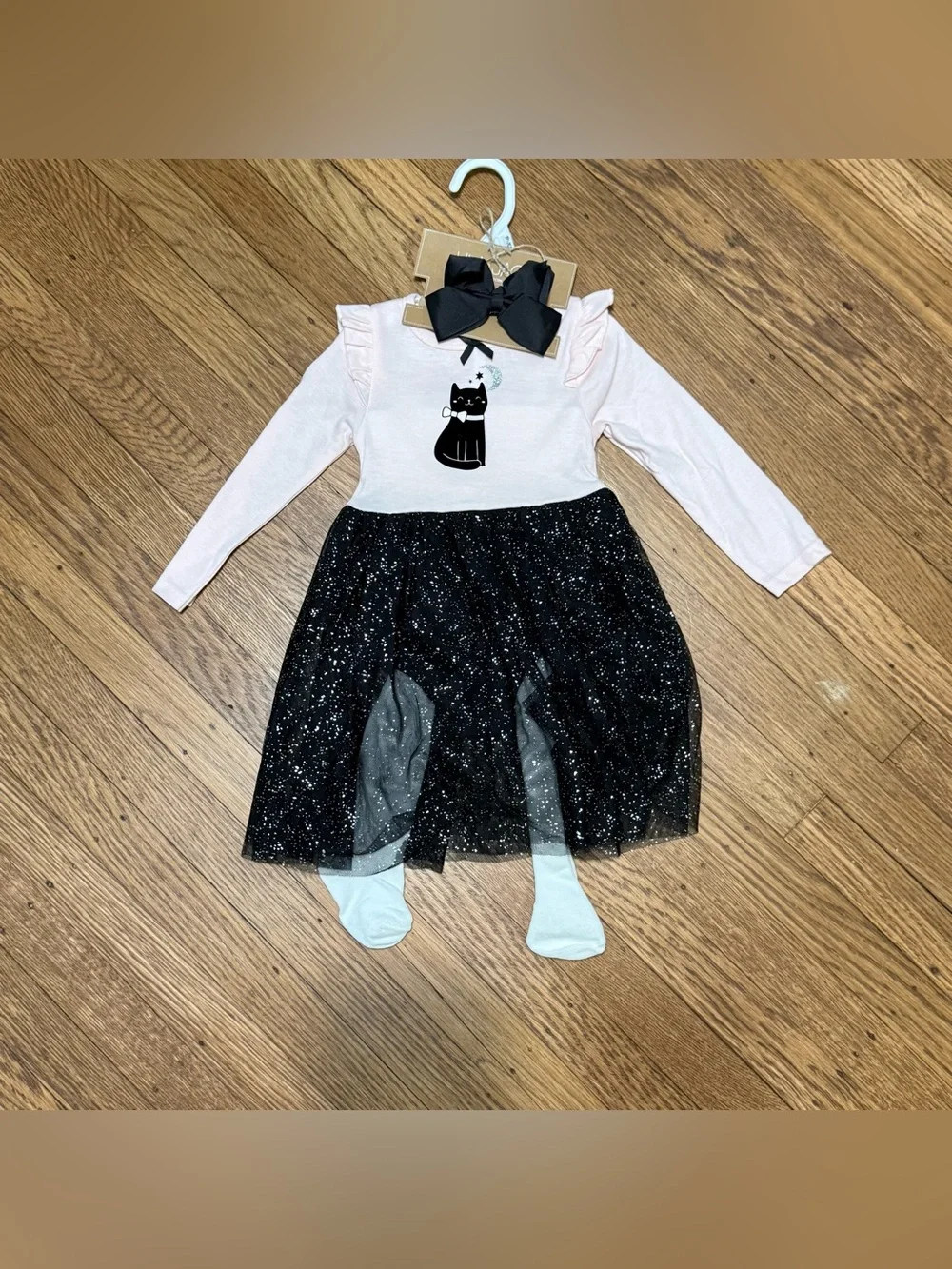 NWT Lila & Jack Long Sleeve Dress Onesies w Black Sparkle Skirt & Bow 18-24 mos